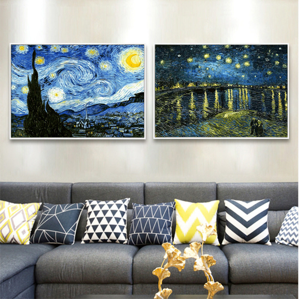 梵高 罗纳河上的星夜 杏花丰收星空名画印象派客厅烤瓷晶瓷画