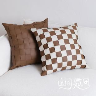 极简轻代奢F77JHJ89现简约沙发靠垫 GZ6咖M色手编工织皮革抱枕意式