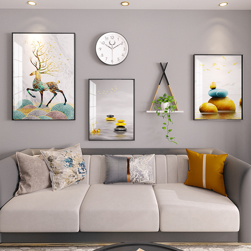 新中式客厅3框晶瓷铝合金装饰画组合发财鹿挂画卧室墙上画框饰品图片