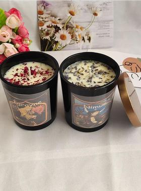 现货带盖黑色玻璃杯水晶石香薰蜡烛红色玫瑰紫色薰衣草大豆蜡烛