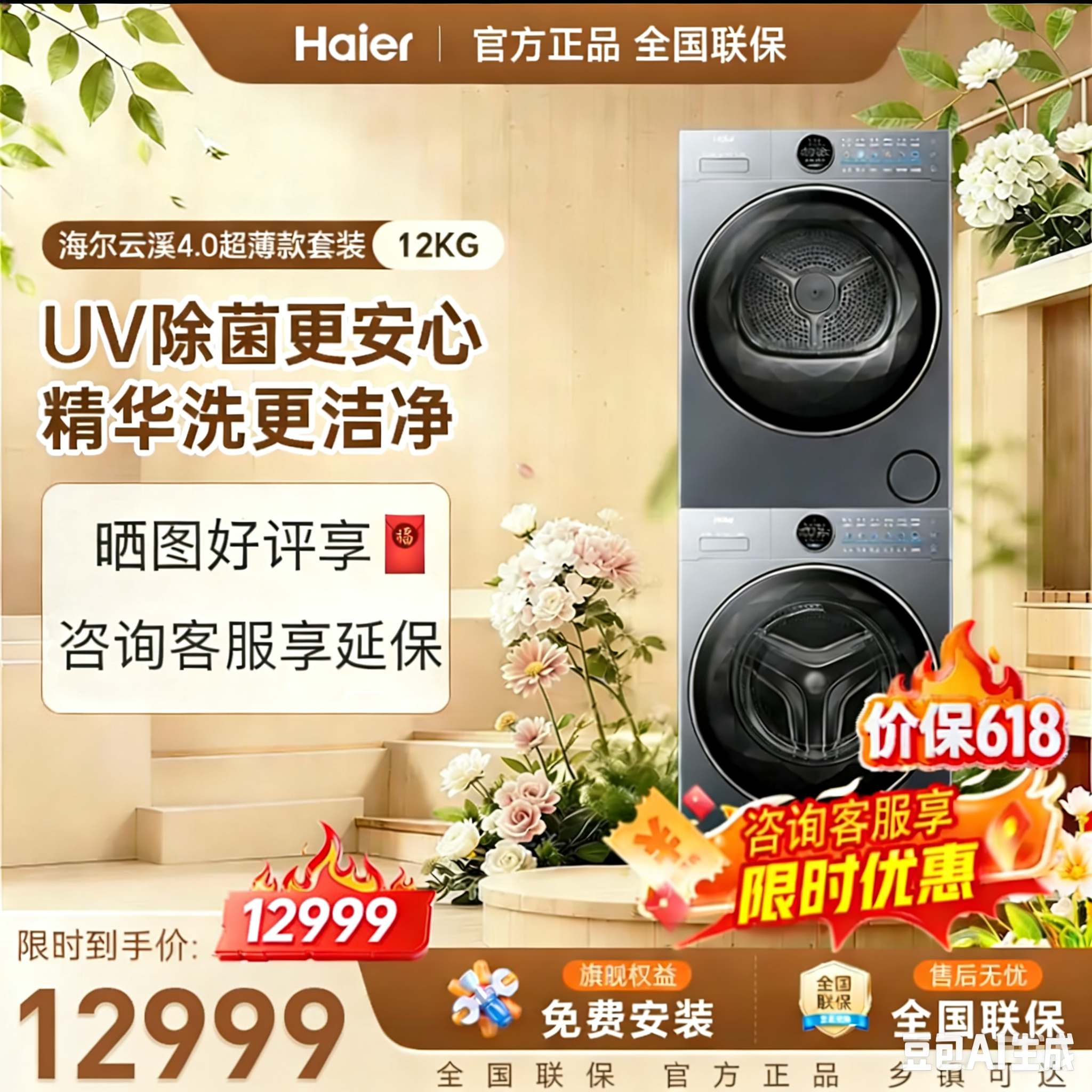 云溪4.0海尔XQG120-SEU65DHU1+GA100-65DHU1 洗烘套装12公斤