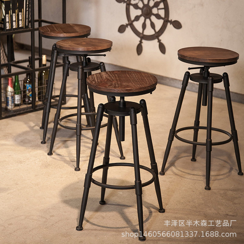 铁艺吧台凳旋转升降吧椅实木复古高脚凳子酒吧家用休闲酒吧椅美式