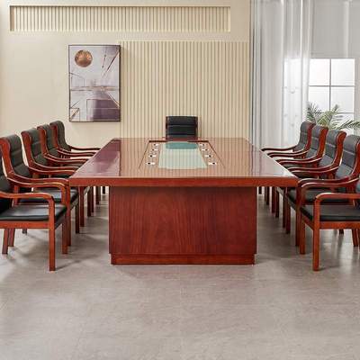 大型会议桌长桌新中式油漆实木皮烤漆办公室多人开会桌椅组合