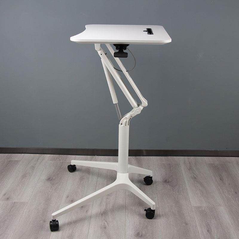 白色带轮办公升降桌折叠气动移动电脑学习桌站立式铝制桌架演讲台