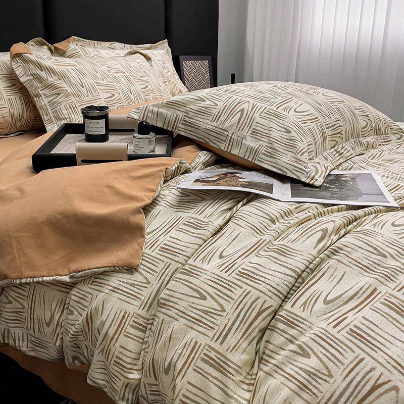 纯棉磨毛印花四件套简约秋冬加厚100全棉被套床单复古高级感床品