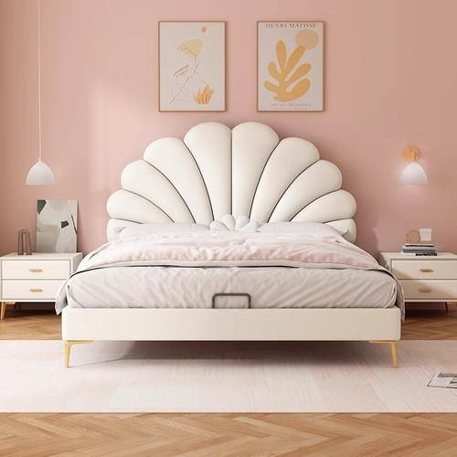 法式奶油风花瓣床新款网红双人现代简约轻奢网红真皮仙女主卧床