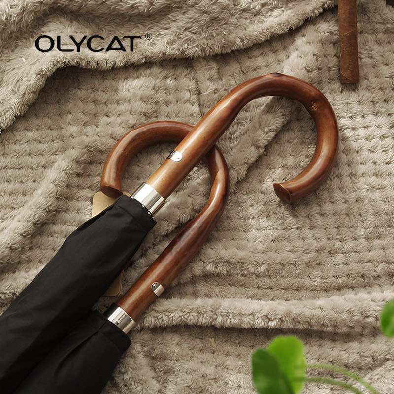 OLYCAT十骨加强抗风长柄伞300T原木商务晴雨伞logo自动广告伞男士