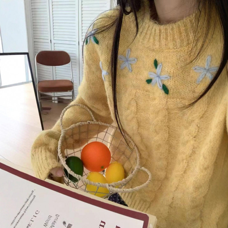韩系软糯麻花刺绣小花毛衣女早秋毛针织衫