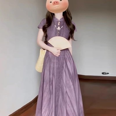 速发新中式改国紫色镂空收腰a字连衣裙清冷感风良旗袍温柔风气质