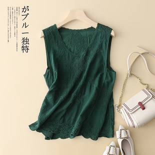 速发文艺复季 蕾纯刺绣丝棉背心吊带夏古外穿宽松套头纯色上衣薄