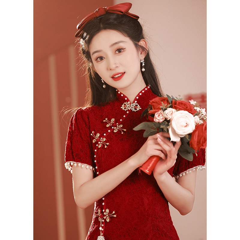 速发中式旗袍敬酒服新娘红色结婚裙婚礼服订回门便夏连衣裙装季高