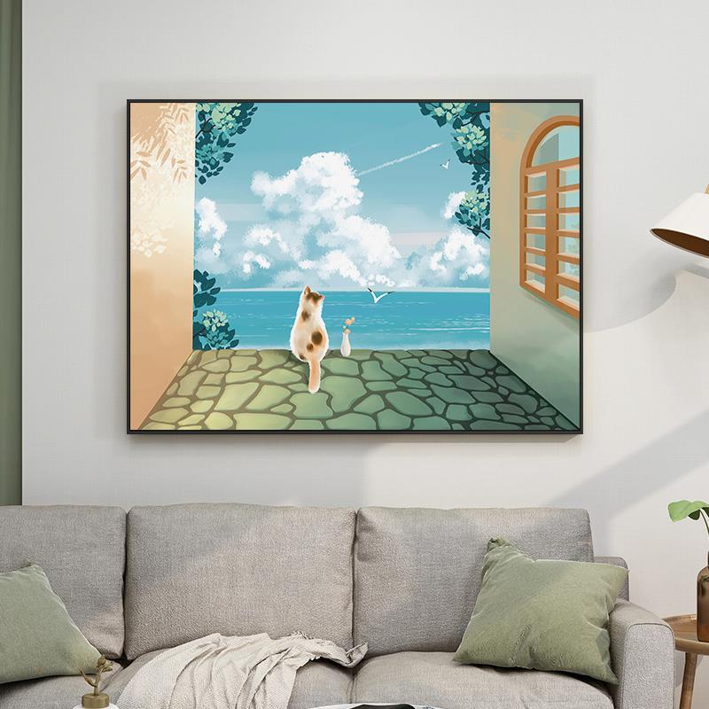 北欧风格小清新猫咪海景装饰画入门玄关走廊挂画现代简约客厅壁画