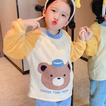 儿童法兰绒睡衣男童秋冬保暖珊瑚绒圆领套头家居服女宝宝加绒套装