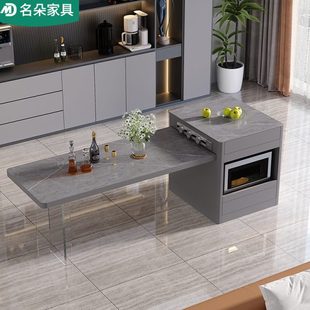 轻奢悬浮岛台餐桌一体伸缩家用吧台厨房小户型定制岩板茶桌5E43