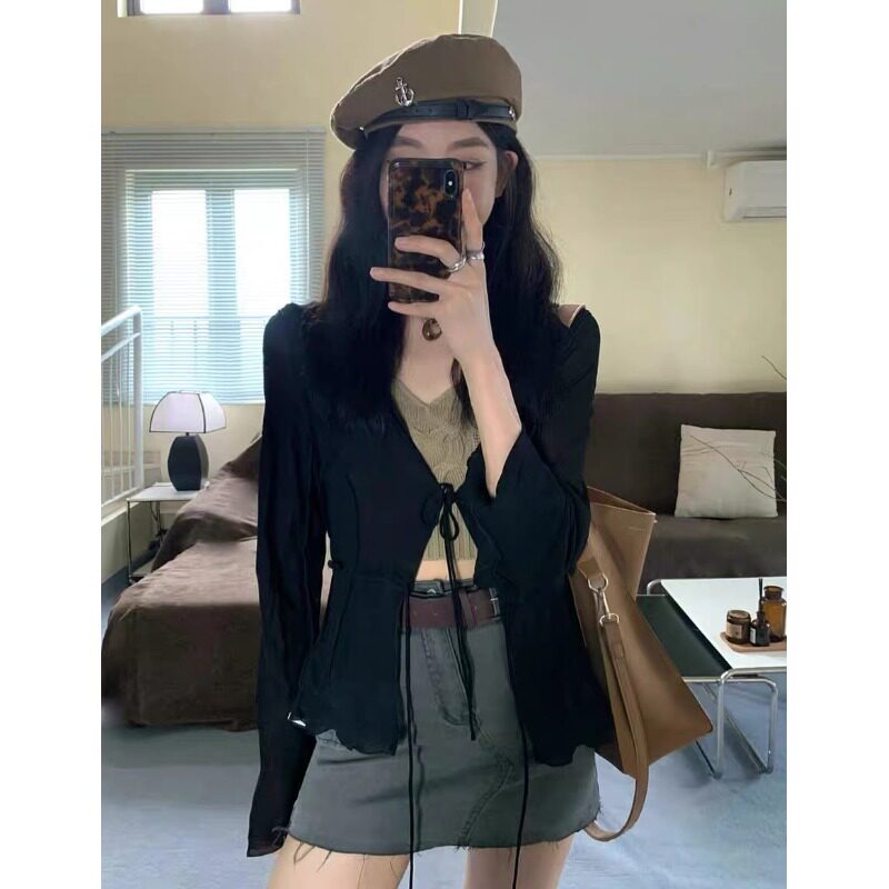 速发黑色薄款夏晒衫衫防吊带外搭罩衫小坎肩开长袖上衣外套
