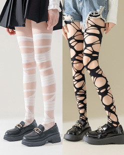 速发袜妹弹力手撕y2k辣大洛丽塔性感亚文化黑白色绷带破洞丝袜