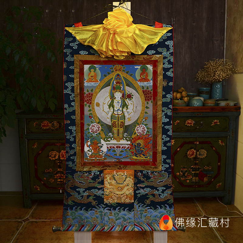 速发西藏手绘唐卡印刷卷轴装饰画尼泊尔棉布藏式千手观音唐卡佛像