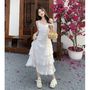 速发大码法式蛋丝花边吊带连衣裙夏季海裙沙滩长边白色仙蕾糕裙