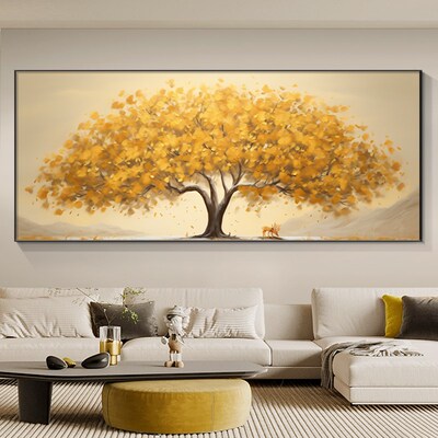 速发简金发财树客厅装饰景黄约沙发背画墙挂画办公室墙画横版壁画