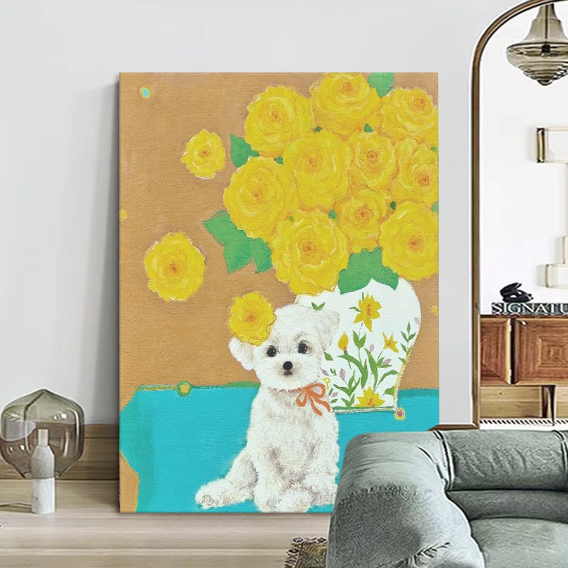 速发动物笑客厅装饰画大芬村黄色花卉手绘油画肌理儿童房挂画图片