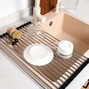 可折叠卷帘架厨房碗碟置物架多功能沥水碗架 不锈钢水槽沥水架
