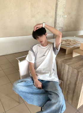 TEN EMPTY美式拼接设计感黑白短袖男运动圆领宽松国潮撞色T恤上衣