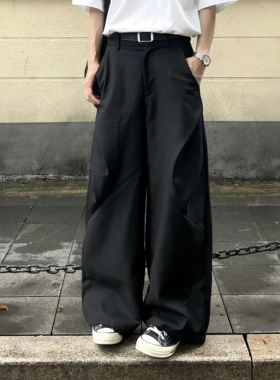 TEN EMPTY黑色菱形拼接褶皱长裤男女无性别设计宽松休闲阔腿西裤