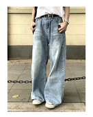 宽松日系休闲百搭男女直筒设计感长裤 TEN EMPTY水洗蓝阔腿牛仔裤