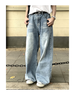 宽松日系休闲百搭男女直筒设计感长裤 TEN EMPTY水洗蓝阔腿牛仔裤