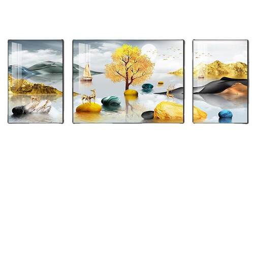 客厅装饰画现代简约沙发背景墙挂画鹿鹿高升晶瓷画北欧三联画壁画