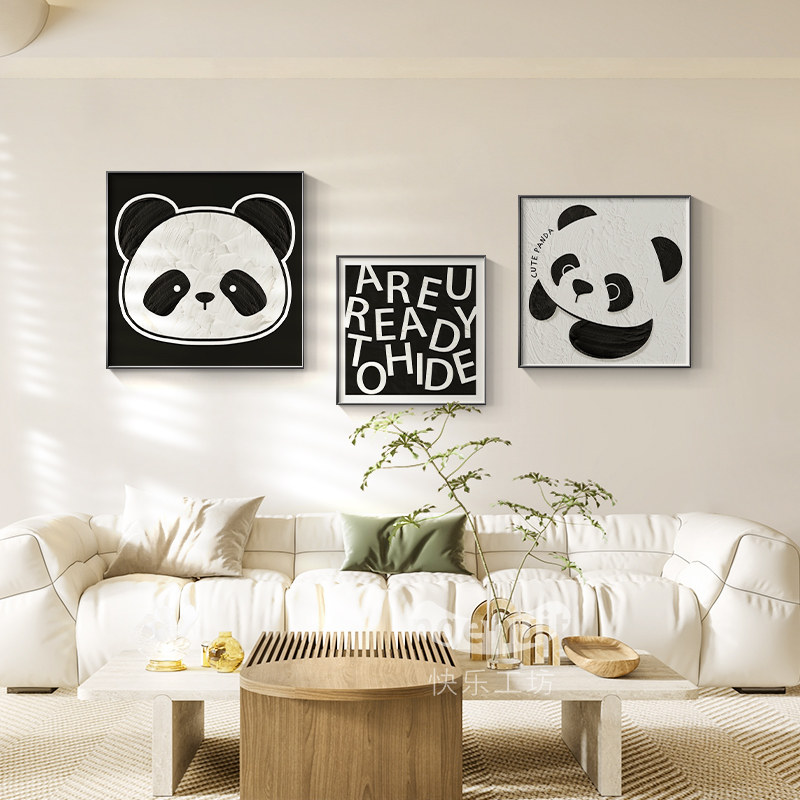 速发2三2新款客厅装饰画现简约沙背发景墙挂画0联壁画熊猫黑白墙