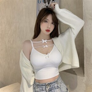 速发辣妹性感蝴蝶结纯欲甜辣白色吊带上衣夏外穿带胸垫美背背心内
