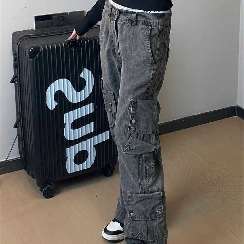 速发闲码美多机能风工装牛仔裤男oversize休大式口袋阔腿拖地裤,女装/女士精品,大码裤装,淘宝优惠券,粉丝福利购,淘宝优惠卷