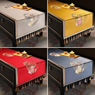 速发红色茶几盖布新中式结婚床头柜茶台装饰垫布餐桌布刺绣电视柜