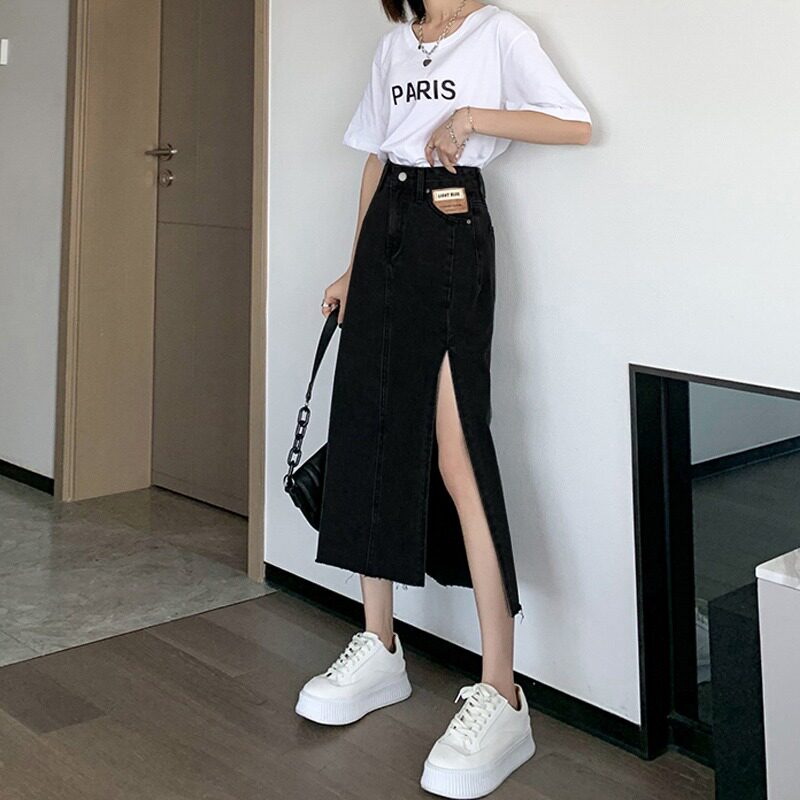 速发黑色高腰开叉牛仔半身裙装0款夏中2长25年新款裙子a字包臀长
