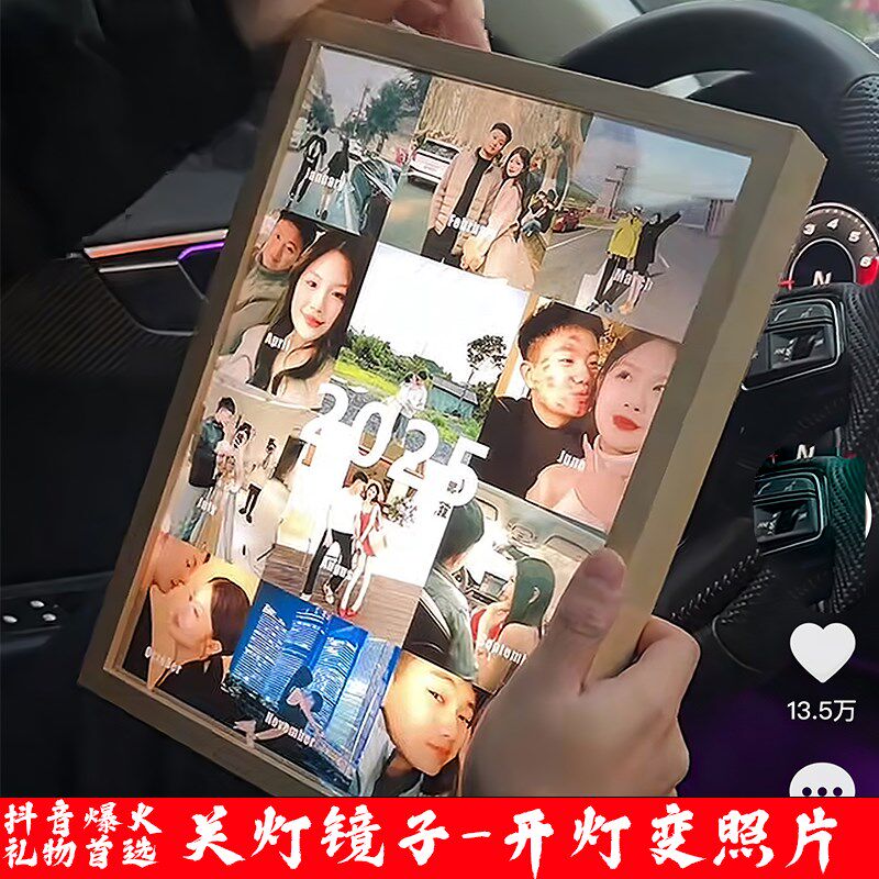 速发镜子灯光画镜面开灯变照片九宫格小夜灯创意生日礼物摆件