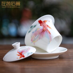 速发6玉茶陶瓷三才盖碗功夫K具羊脂1白瓷泡茶碗茶杯防烫大号手工