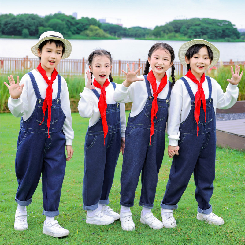 速发儿带啦啦队演出服背童牛仔裤套装中小学生运动会大合唱表演服