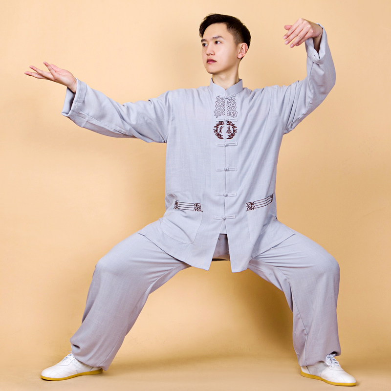 速发太极服男中国风棉麻亚麻刺绣太极拳练功服装夏天新款高端夏季