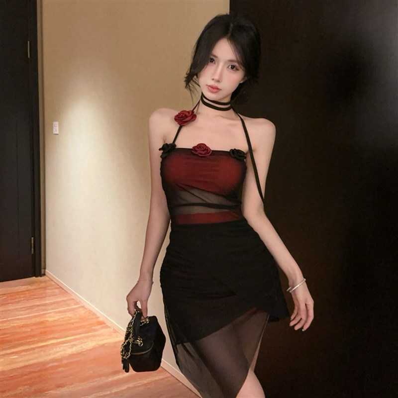 速发性感一字领挂脖立体花朵辣妹纯欲气质网纱拼色抹胸裹胸连衣裙