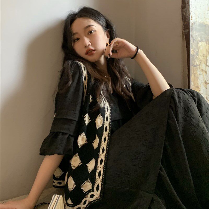 速发任小艺Lit e mode领本风黑色裙赫遮胯连衣V设计感气质长裙子