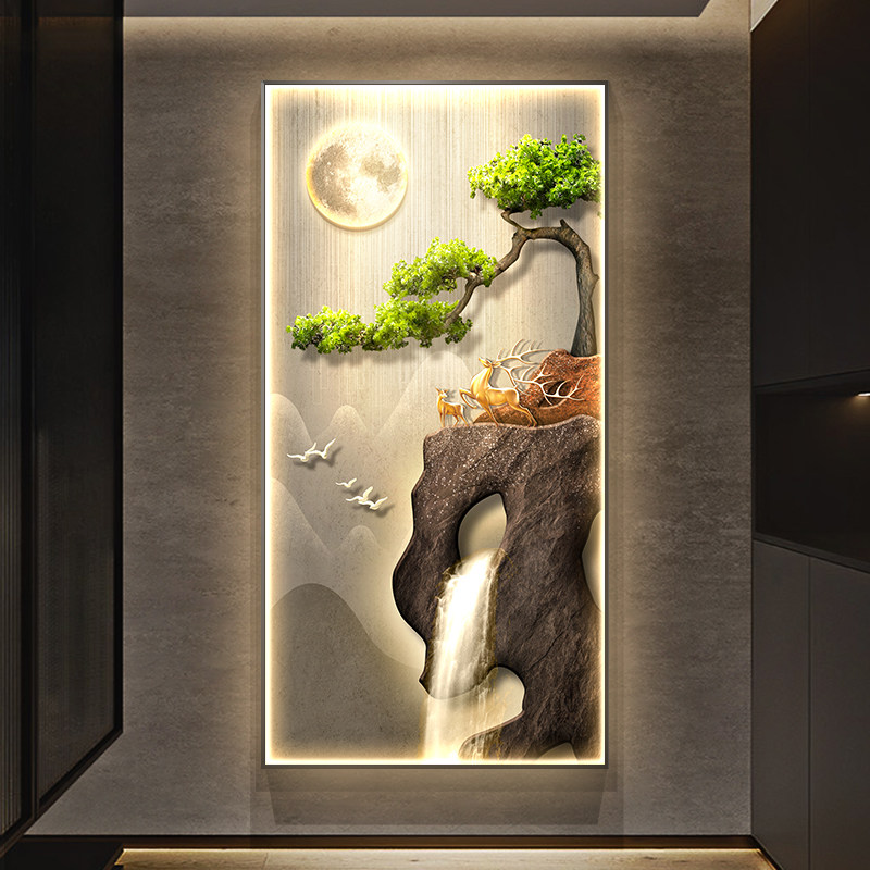 速发流水生财入户玄关装饰画麋鹿寓意好迎客松挂画走廊过道灯壁画