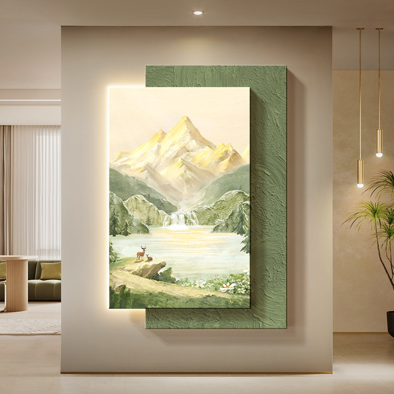 速发聚宝盆玄关装饰画奶油风走廊过道山画日照金山立体砂岩水挂画