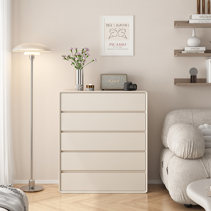 速发油奶风五斗柜简约客厅实木八储抽屉柜卧室靠墙斗物收纳床尾柜