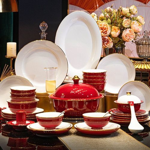 速发赤霞景具镇高白瓷用德套装新款中式碗碟套装家餐高级感碗盘筷