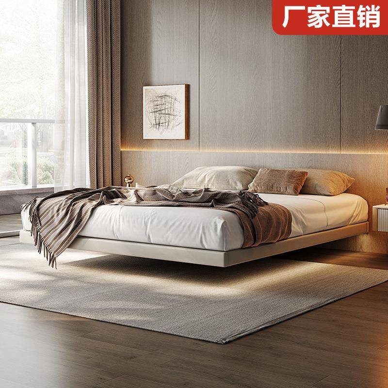 无床头悬浮床意式极简皮床现代实木床简约主卧轻奢双人床榻榻