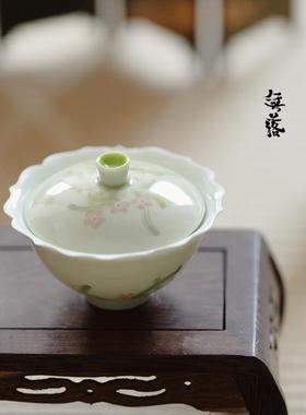 束刻古青棱花盖碗水仙并时釉下彩手工手绘泡茶茶碗陶瓷高档茶具