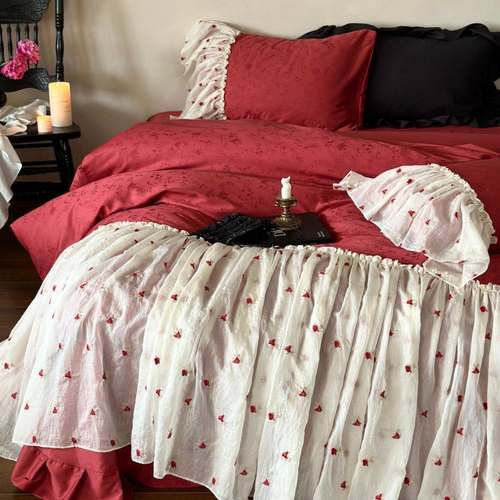 法式复古红色全棉贡缎提花四件套长绒棉花边床上用品1.8m纯棉
