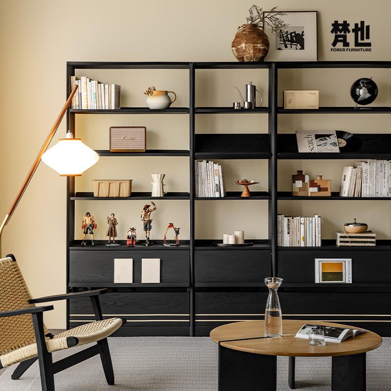 梵也家具实木书柜一体整墙客厅落地组合柜转角黑色白蜡木置物书架