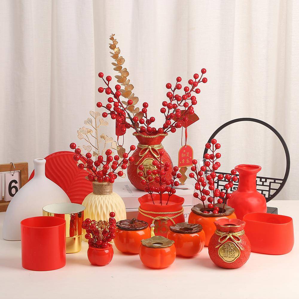 塑料花盆工厂新年喜庆仿瓷装饰花客厅摆件发财果插花婚庆柿子花盆
